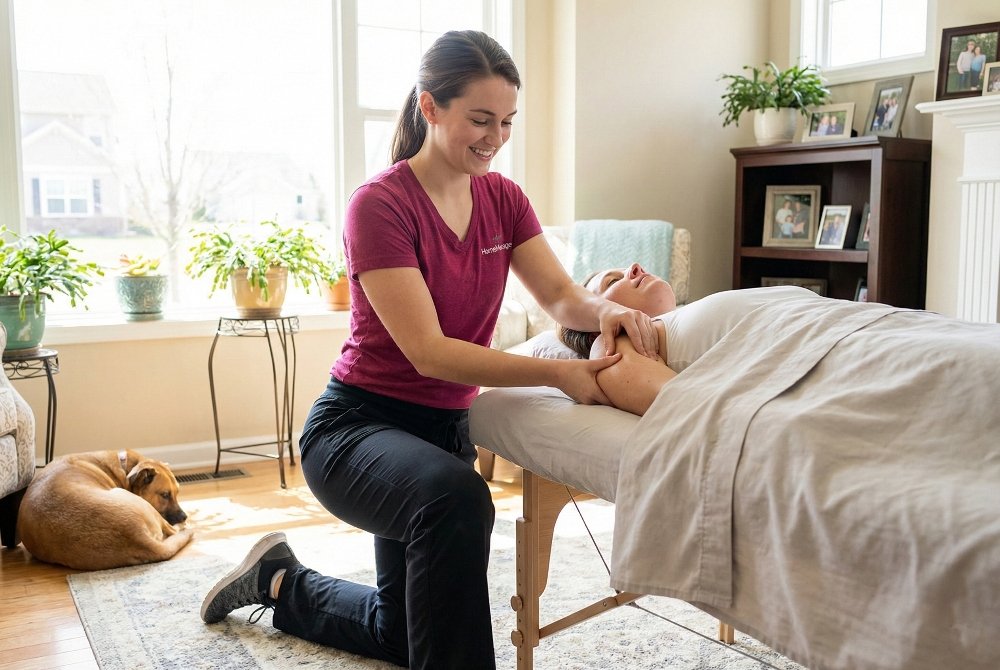 Best Massage Table for Home Visit Recommendations 9 Licensed therapist from HomeMassage performing a rejuvenating Swedish massage session at a customer's residence.